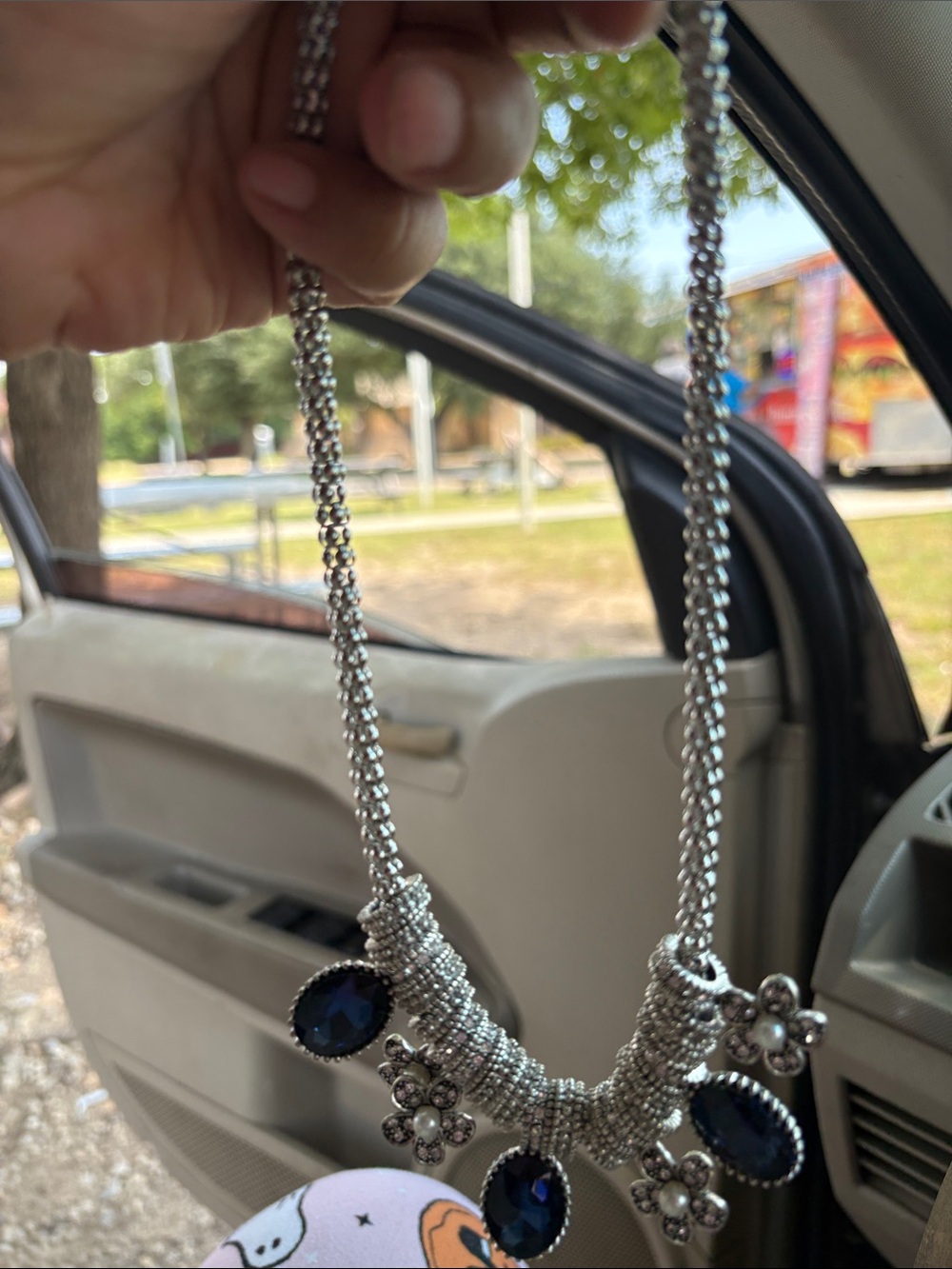 Silver-tone Floral Necklace with Deep Blue Gems - Picture 2 of 2